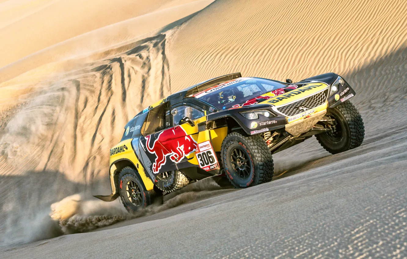 Photo wallpaper Sand, Auto, Sport, Machine, Race, Peugeot, Lights, Red Bull