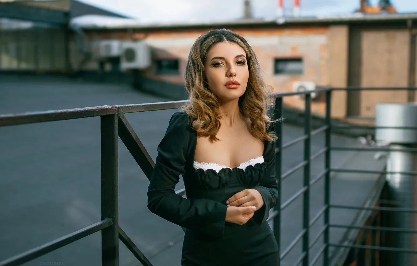 Photo wallpaper look, girl, pose, hands, dress, blonde, on the roof, Pyotr Demichev