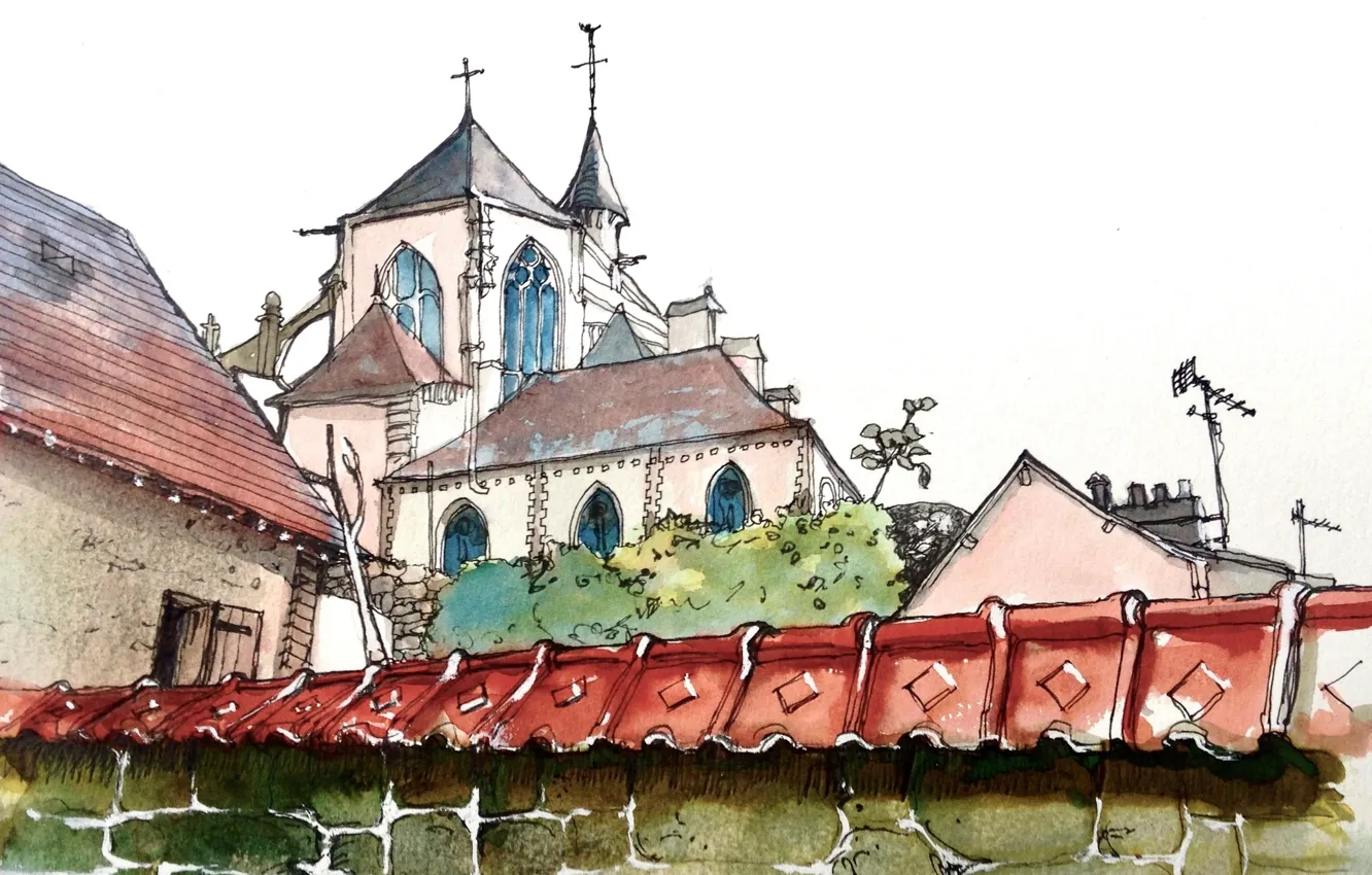 Photo wallpaper the city, wall, figure, France, watercolor, Cathedral, Pont-de-l'arche
