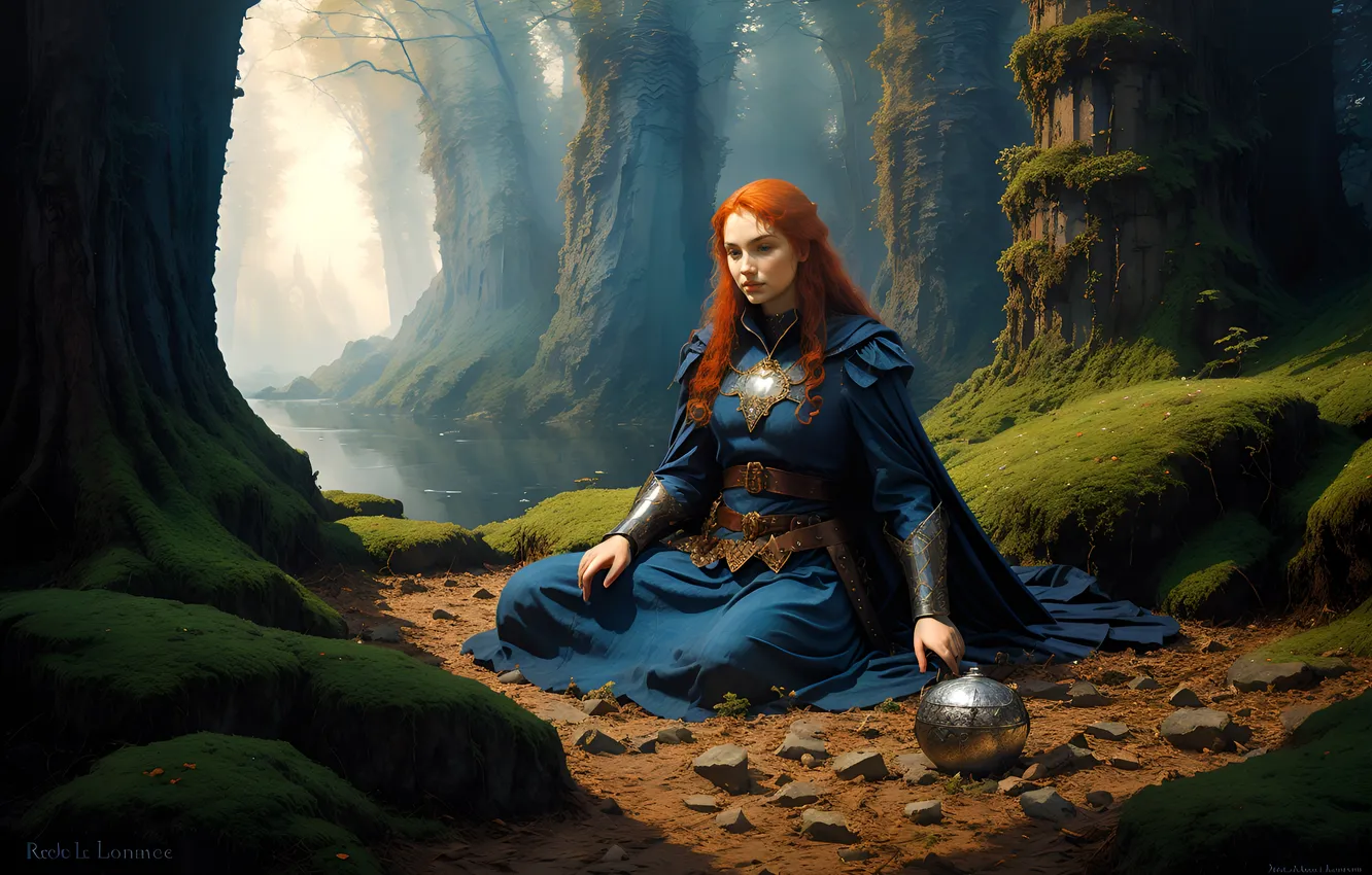 Photo wallpaper fantasy, forest, armor, dress, lake, redhead, digital art, Princess