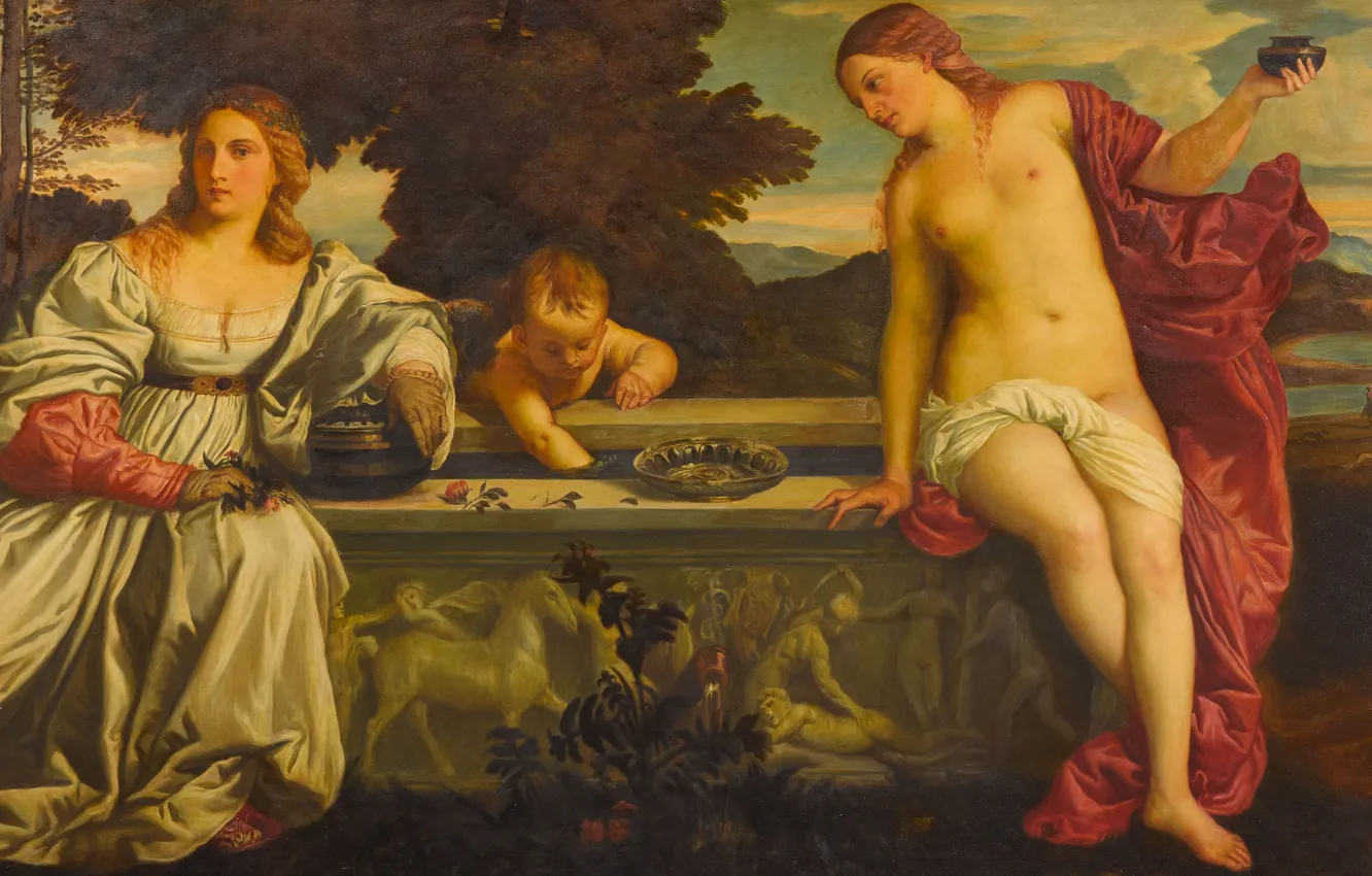 Photo wallpaper Girls, Picture, Venus, Tiziano Vecellio, Well, Titian Vecellio, Sarcophagus, Heavenly love and earthly love