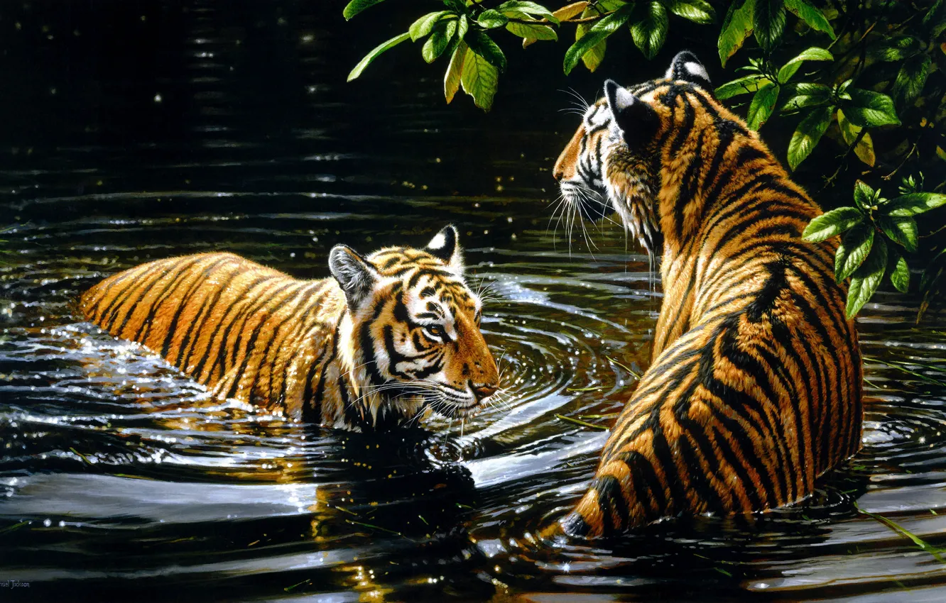 Photo wallpaper leaves, tiger, figure, picture, bathing, art, pair, painting