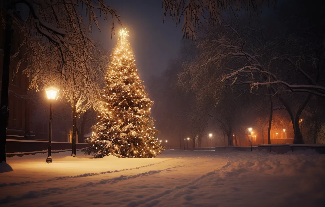 Photo wallpaper winter, forest, snow, night, lights, tree, New Year, Christmas