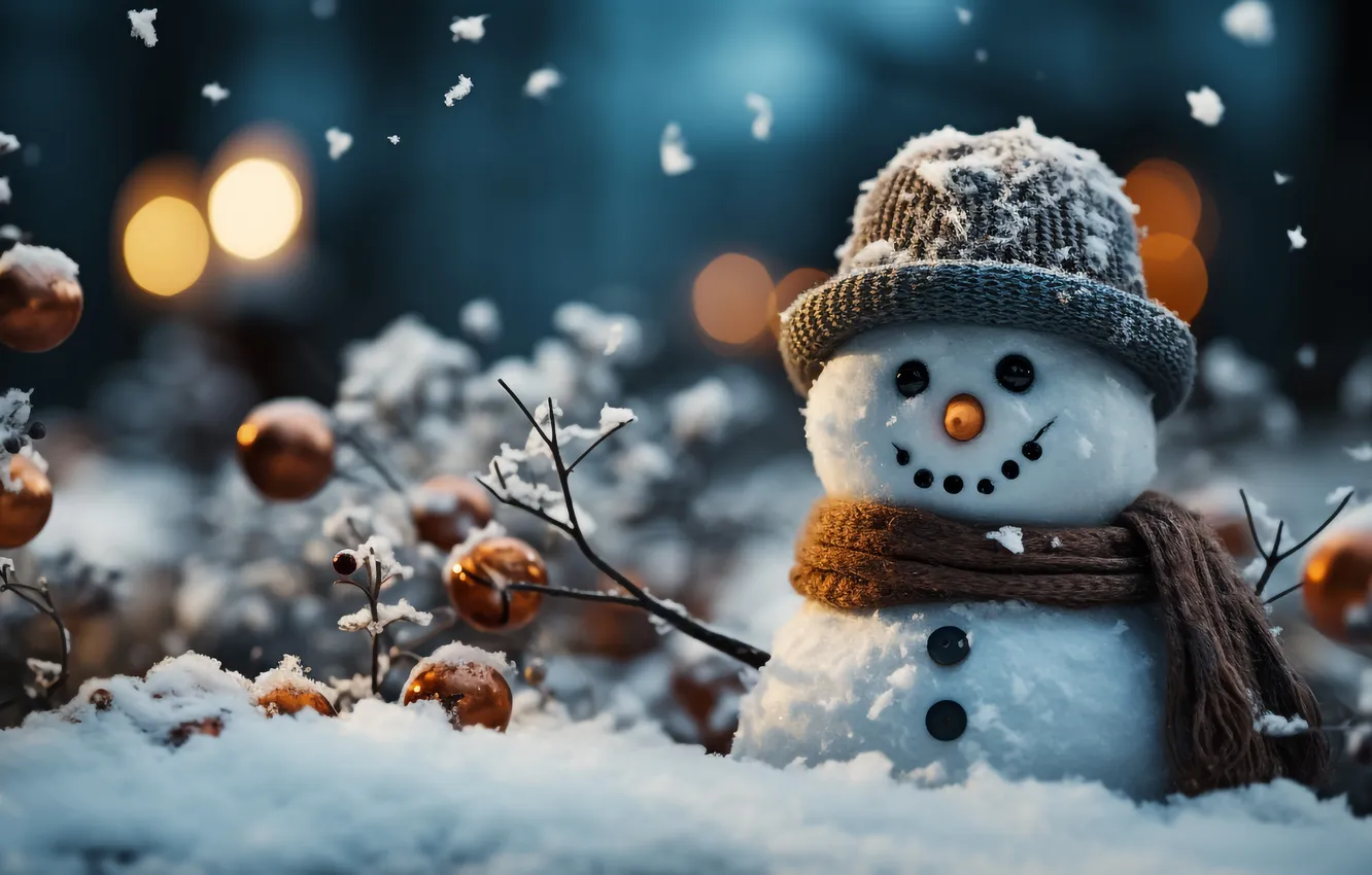 Photo wallpaper winter, snow, new year, Christmas, snowman, Christmas, winter, snow