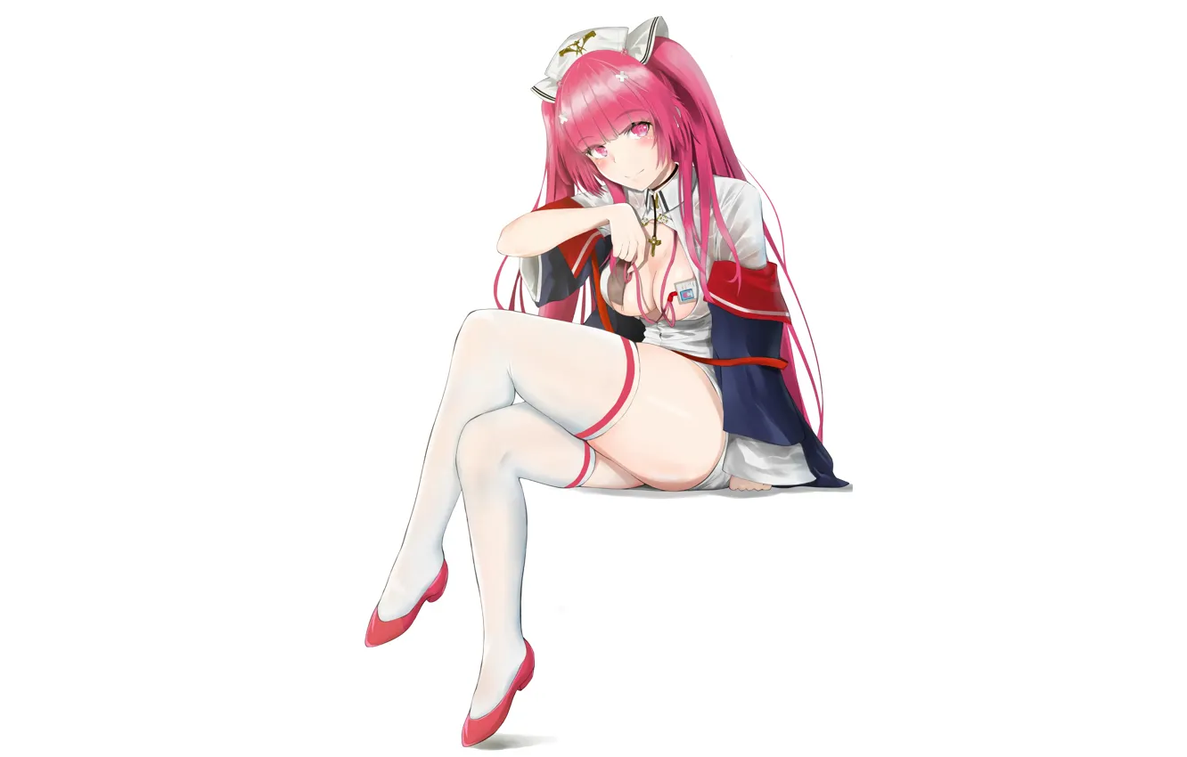 Photo wallpaper girl, sexy, cleavage, thighhighs, pink hair, long hair, dress, boobs