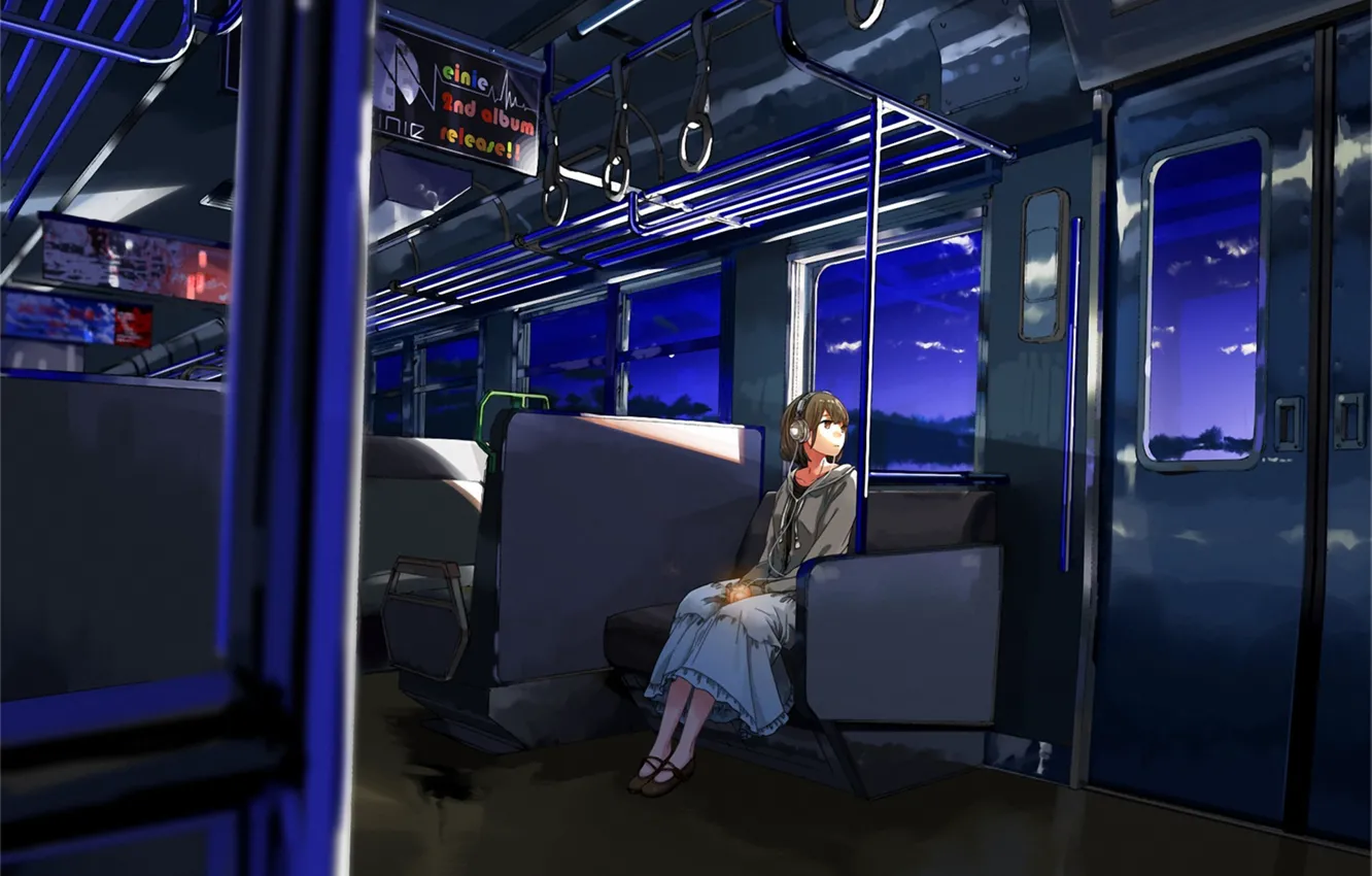 Photo wallpaper girl, train, the evening, headphones, art, one, kurono-fuel