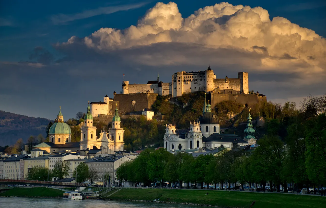 Photo wallpaper clouds, mountains, the city, river, Austria, Church, temple, fortress