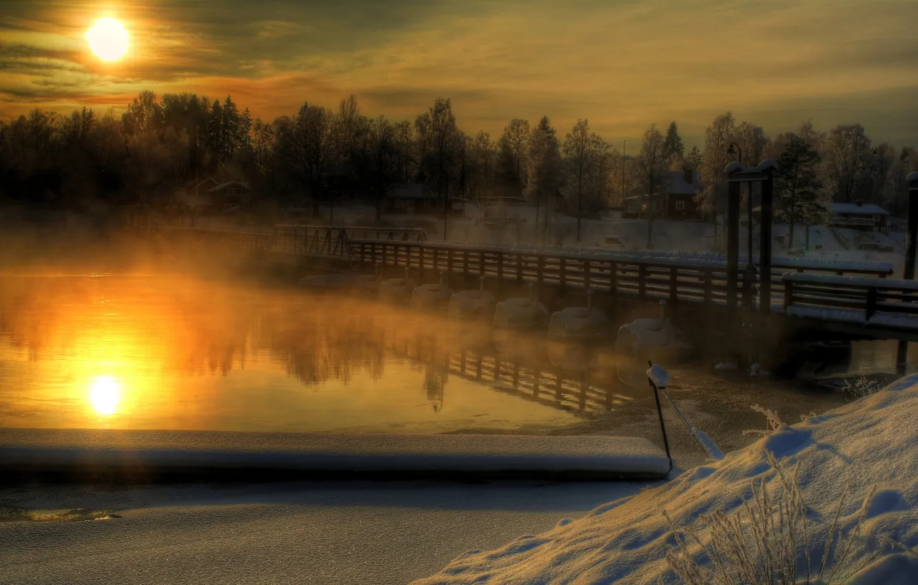 Photo wallpaper winter, snow, bridge, river, morning, Sweden, Dalecarlia, Österdal River
