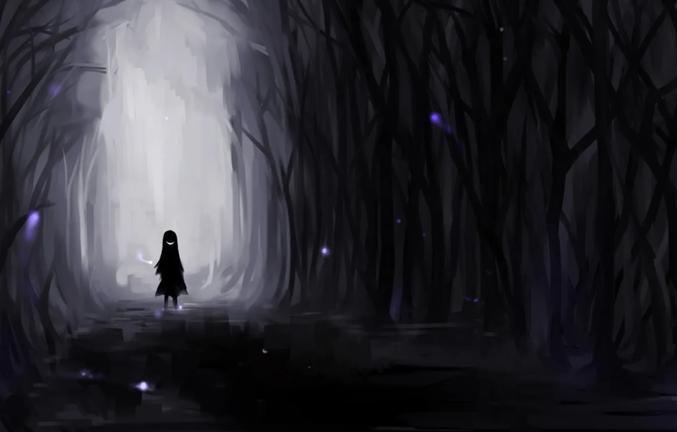 Photo wallpaper forest, smile, darkness, girl