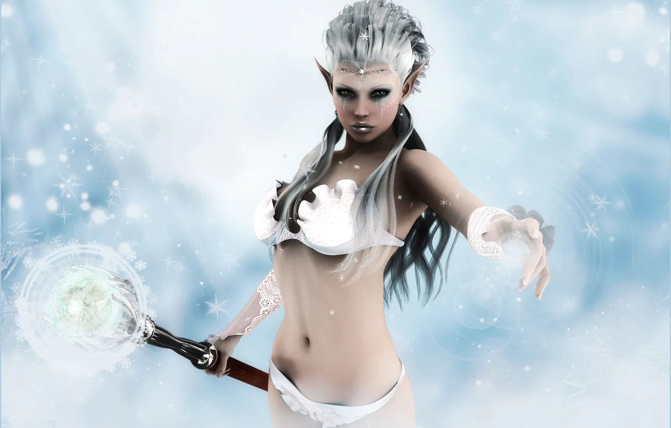Photo wallpaper girl, snowflakes, rendering, magic, staff, elf, sorceress