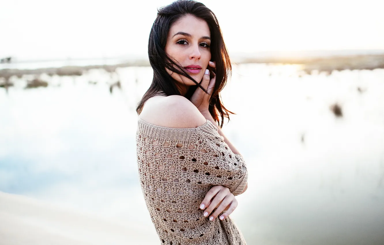 Photo wallpaper girl, sunset, lake, lips, hair, sweater, direct gaze