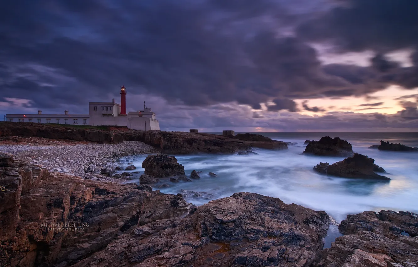 Photo wallpaper sea, shore, lighthouse, the evening, Portugal, Michael Breitung