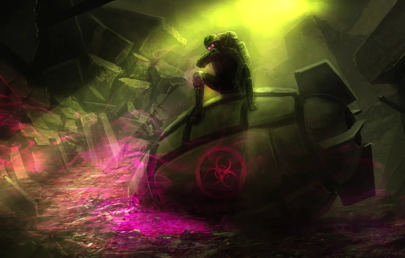 Photo wallpaper the wreckage, bomb, art, gas mask, romance of the Apocalypse, romantically apocalyptic, alexiuss