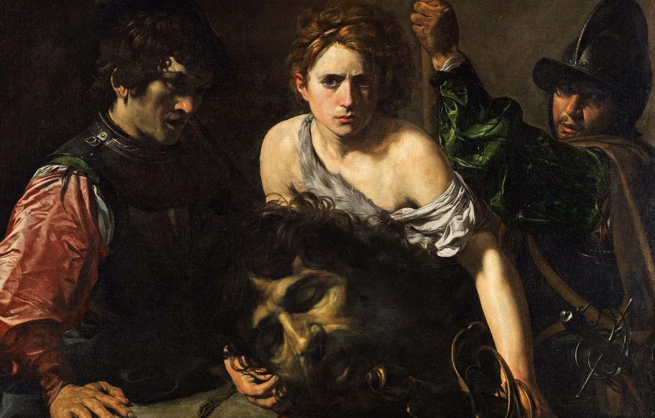 Photo wallpaper picture, mythology, Valentin de Boulogne, David with the Head of Goliath and Two Soldiers
