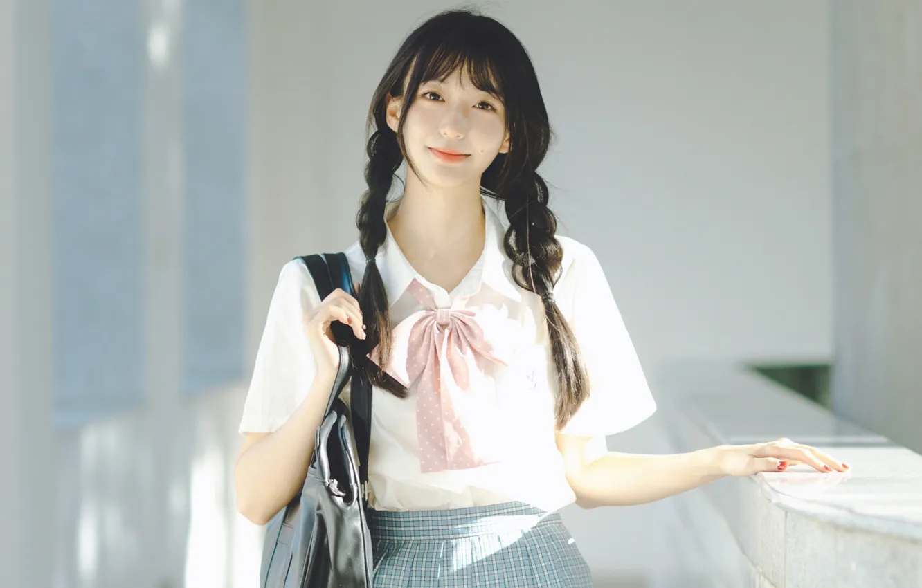 Photo wallpaper woman, smile, beautiful, model, pretty, asian, bag, cute