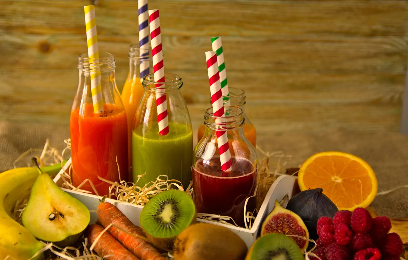 Photo wallpaper berries, raspberry, Board, bottle, orange, kiwi, juice, cocktail