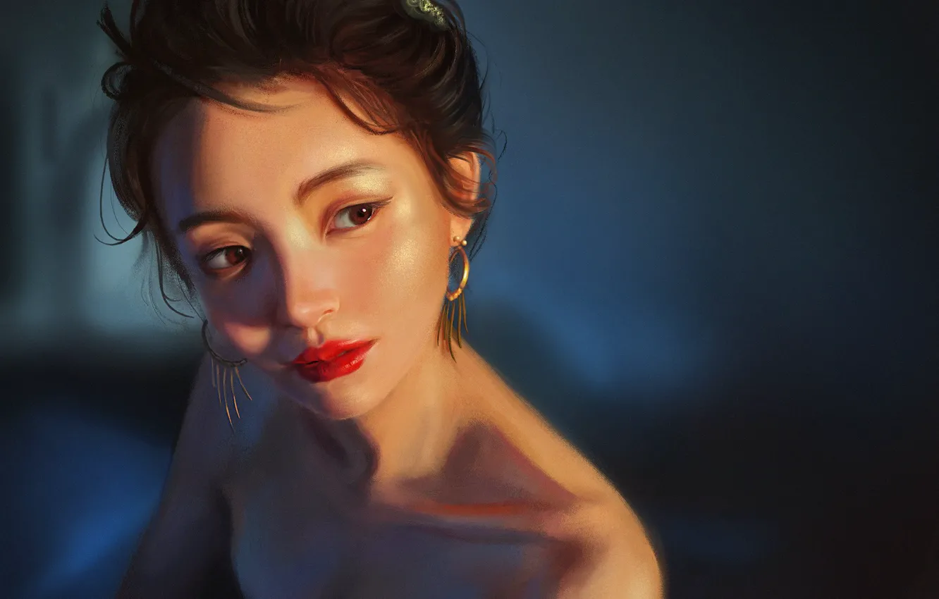 Photo wallpaper Girl, Figure, Look, Face, Girl, Brunette, Earrings, Art