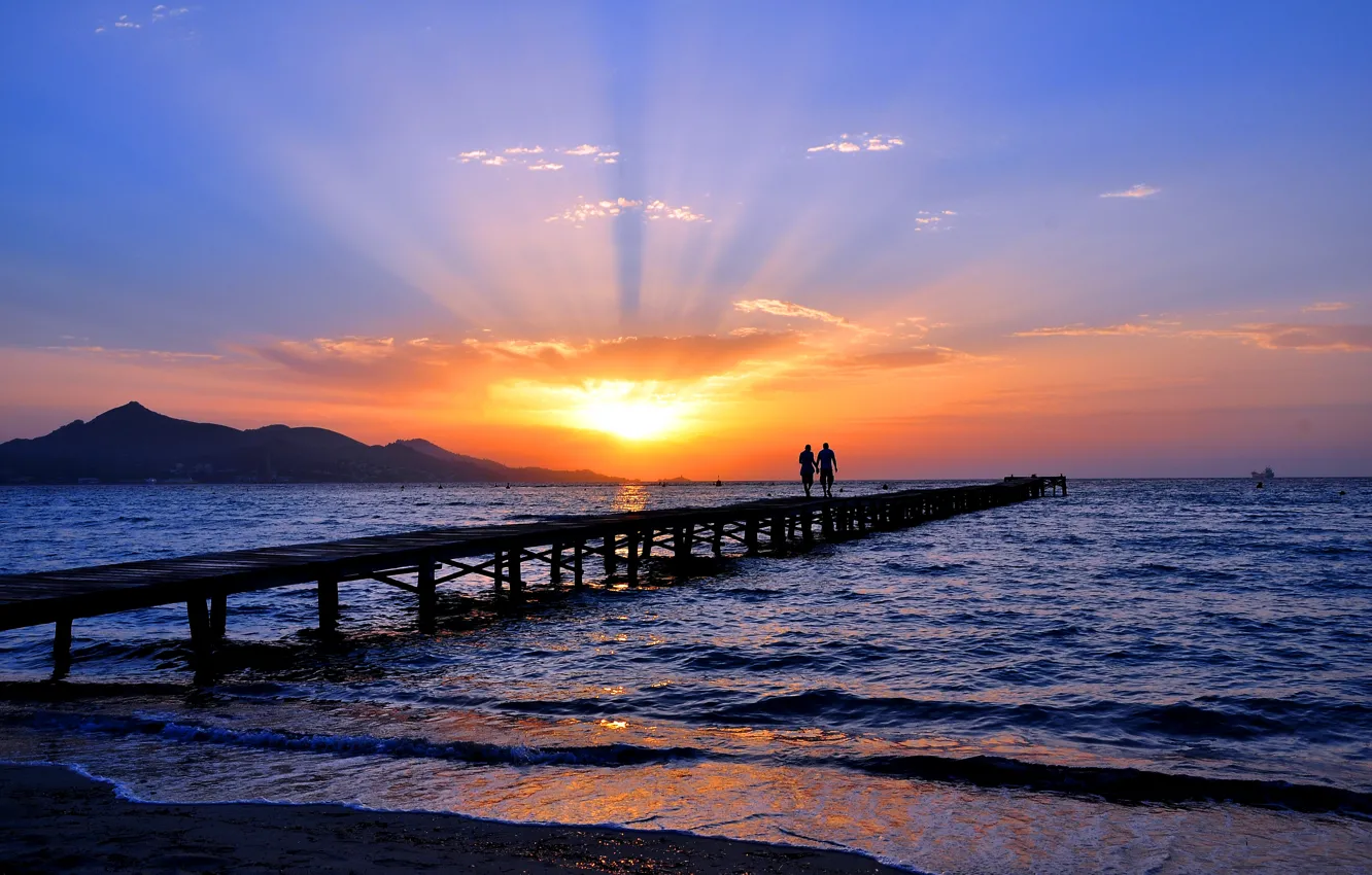 Photo wallpaper sea, the sky, sunset, horizon, two, the bridge, shore. beach