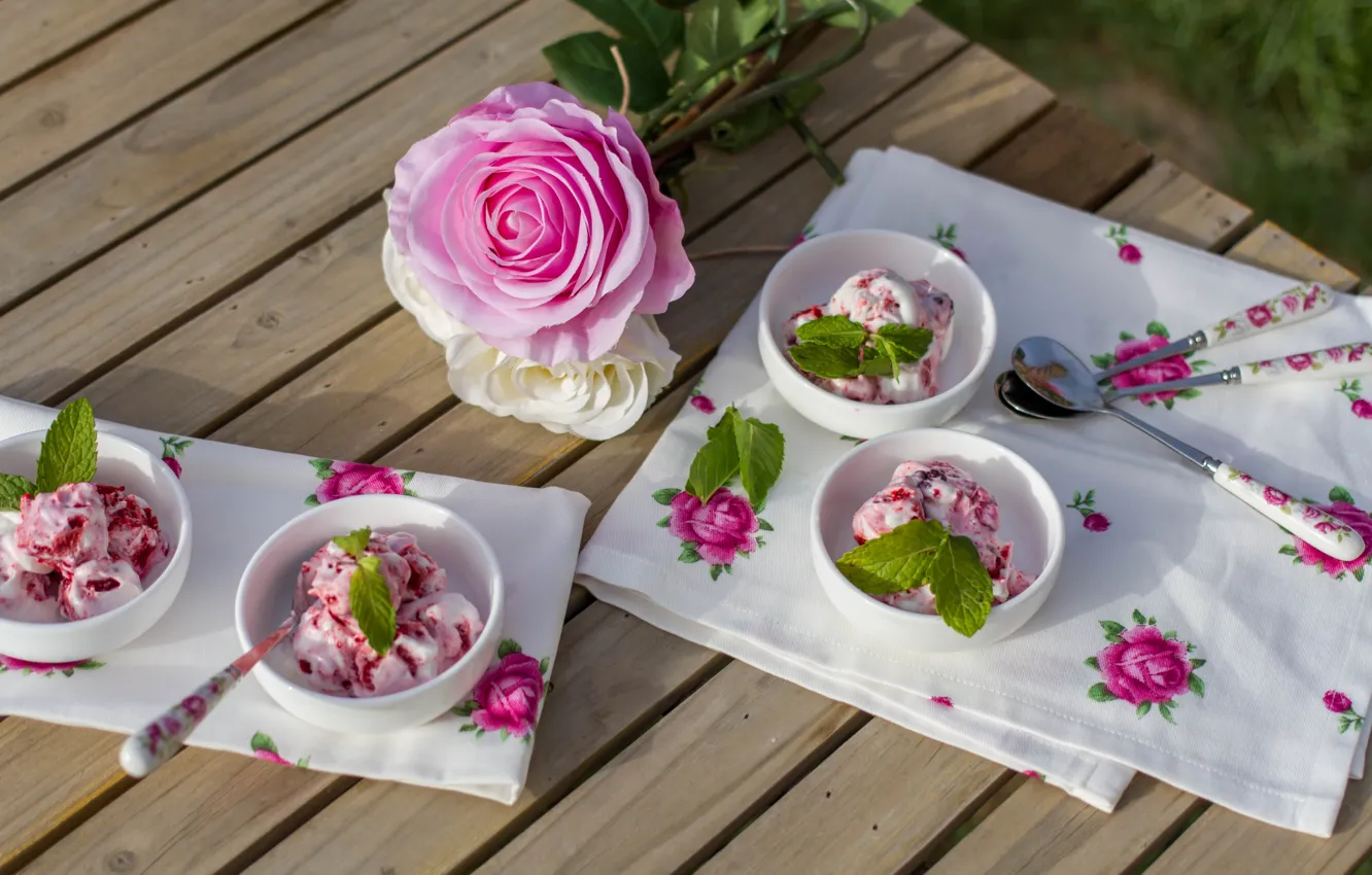 Photo wallpaper flowers, table, roses, spoon, ice cream, pink, white, mint