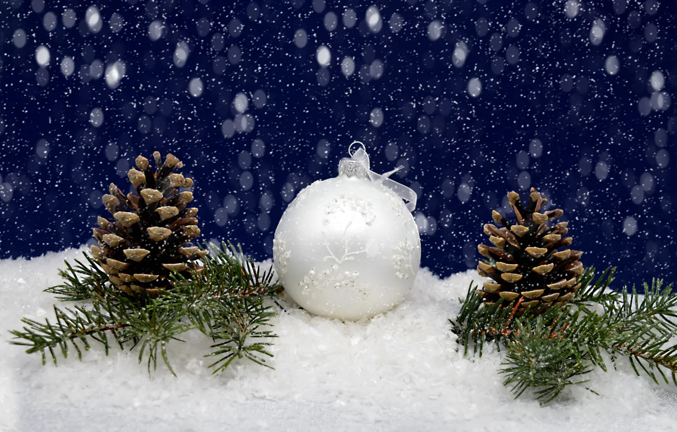 Photo wallpaper snow, holiday, ball, Christmas, New year, needles, bumps, blue background