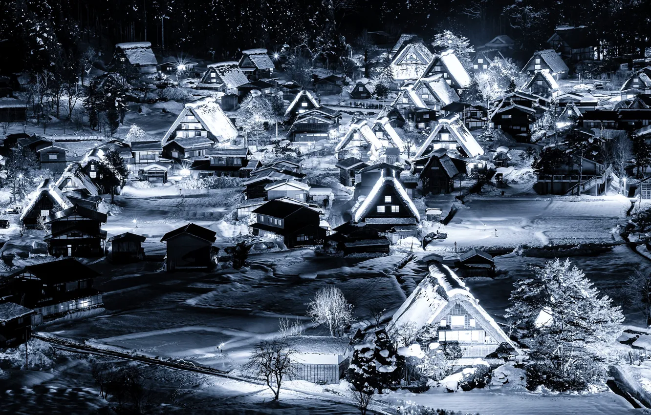 Photo wallpaper winter, snow, night, lights, home, Japan, valley, the island of Honshu