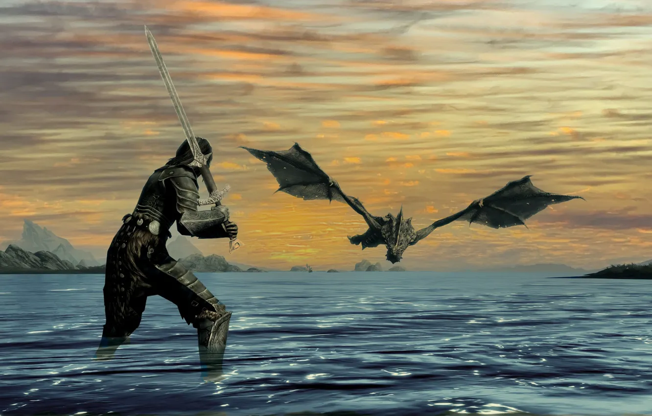 Photo wallpaper sunset, dragon, dragonborn, Skyrim