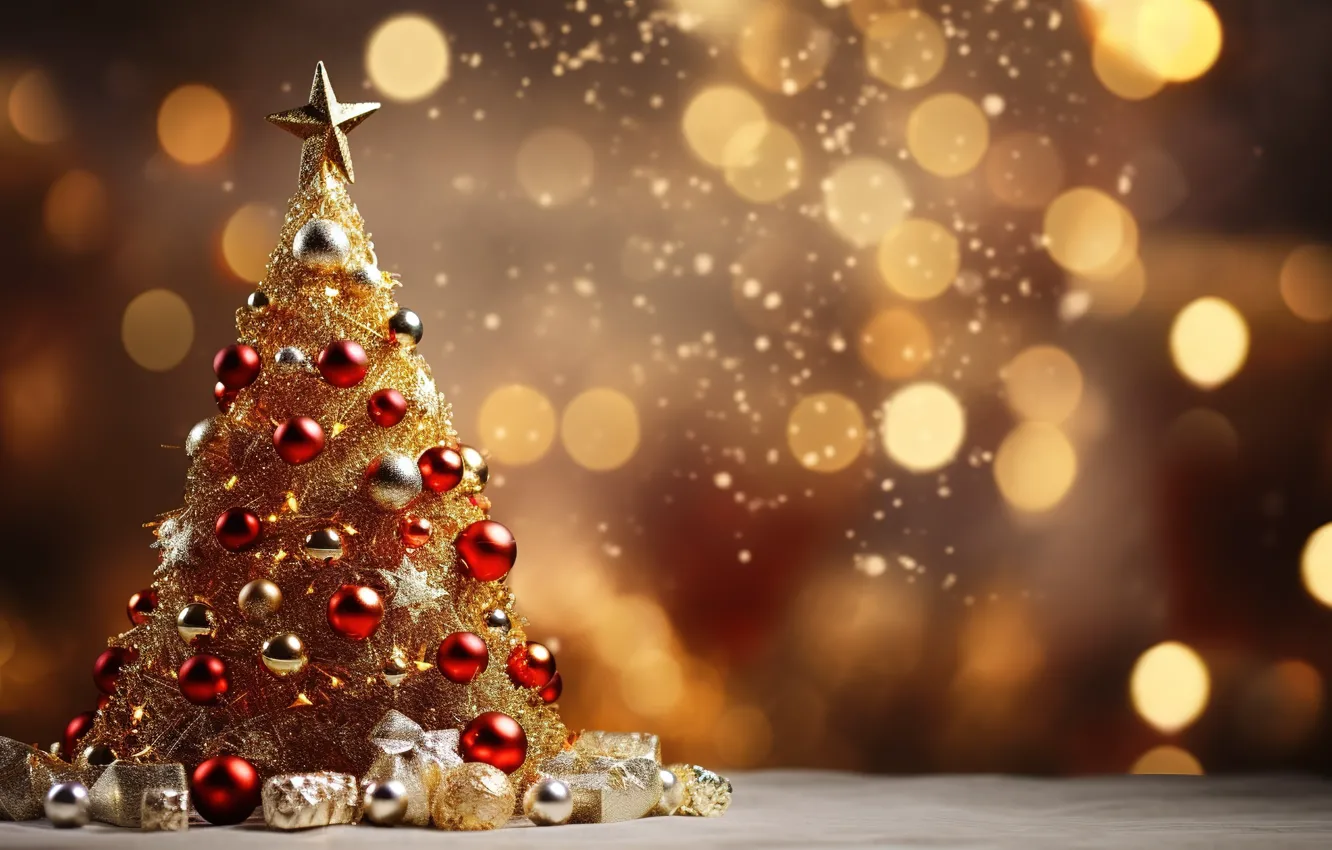 Photo wallpaper decoration, background, balls, tree, new year, Christmas, red, golden
