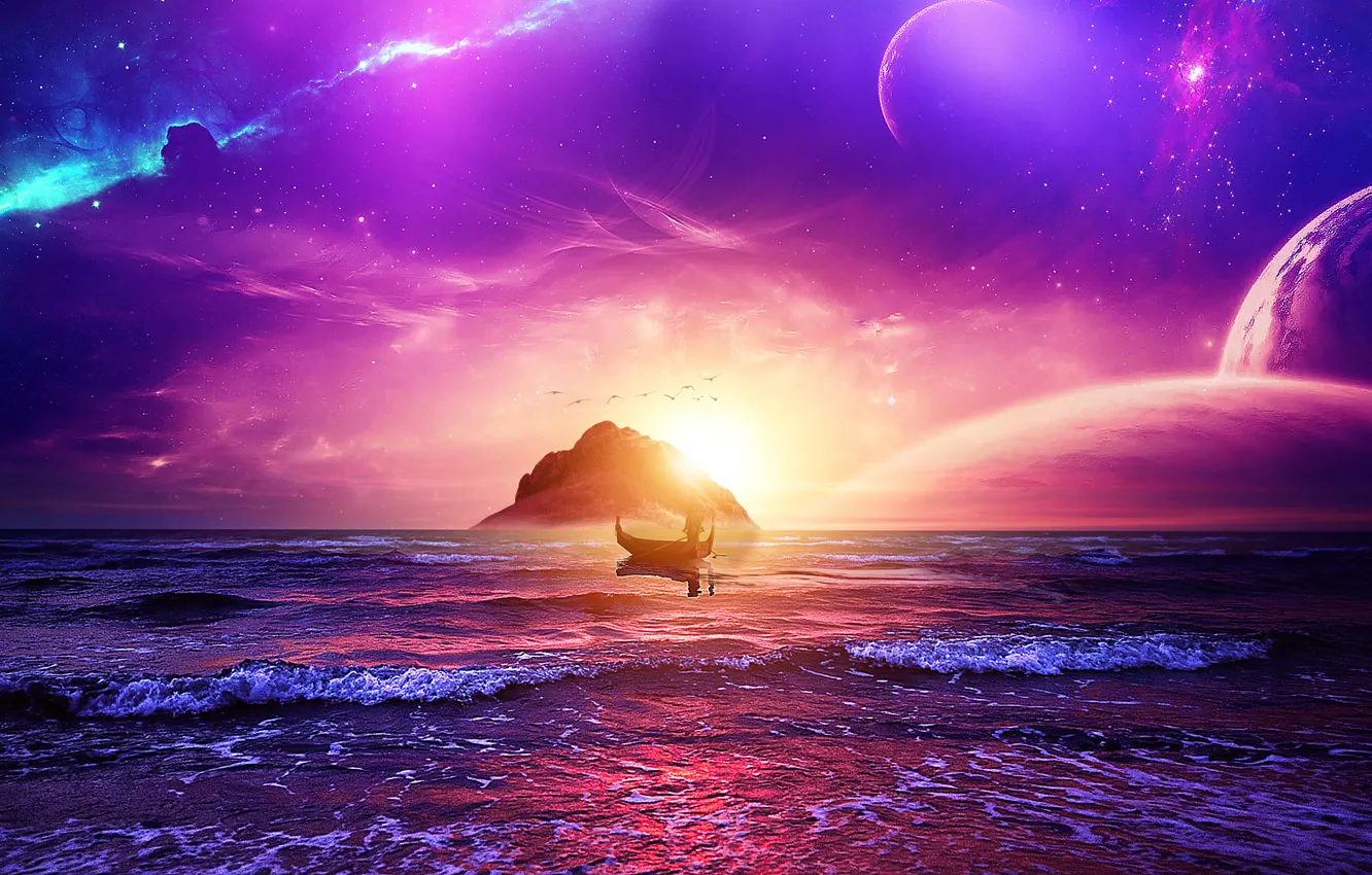 Photo wallpaper space, sky, ocean, landscape, sunset, stars, man, purple