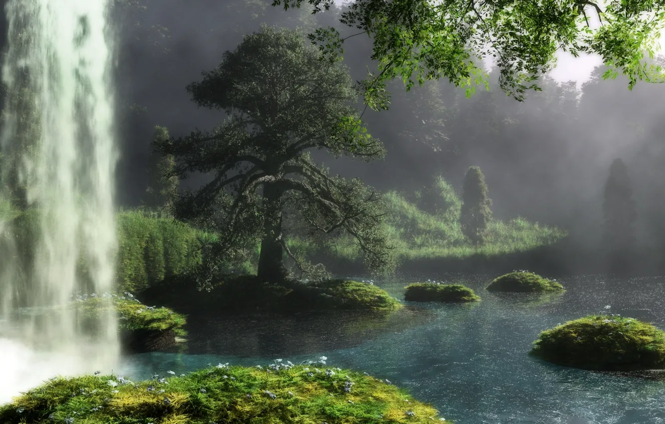 Photo wallpaper landscape, nature, river, tree, waterfall, art, klontak