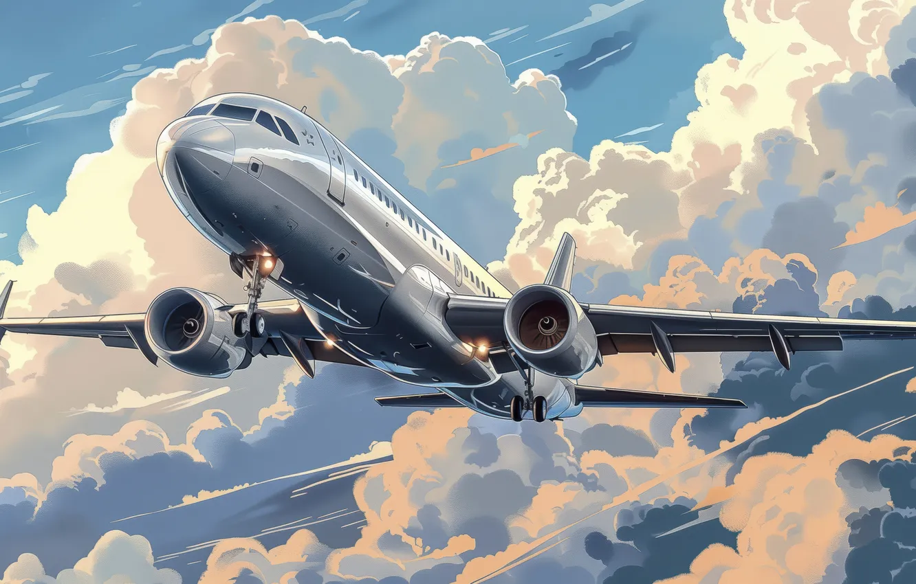 Photo wallpaper clouds, art, the plane, liner, the rise