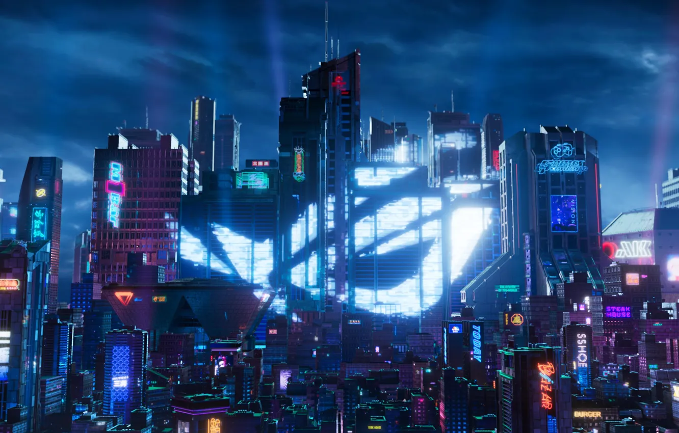 Photo wallpaper asus, republic of gamers, asus rog, technology, futuristic city, Cyberpunk