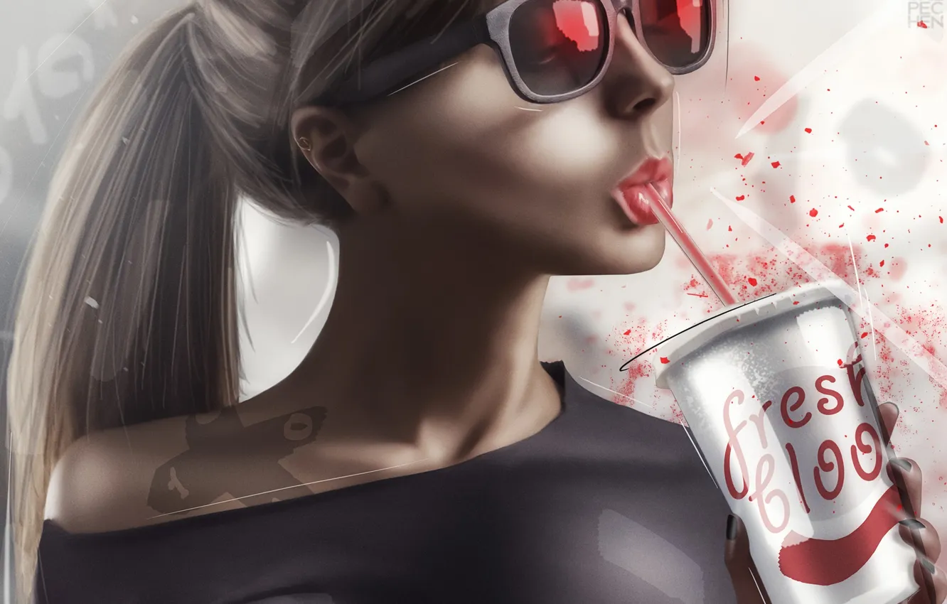 Photo wallpaper red, girl, fresh, art, beautiful, glasses, beverage, PECHEN