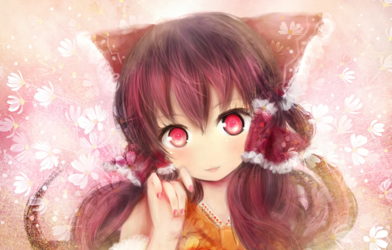 Photo wallpaper girl, flowers, smile, art, touhou, moekyon, Hakurei Reimu