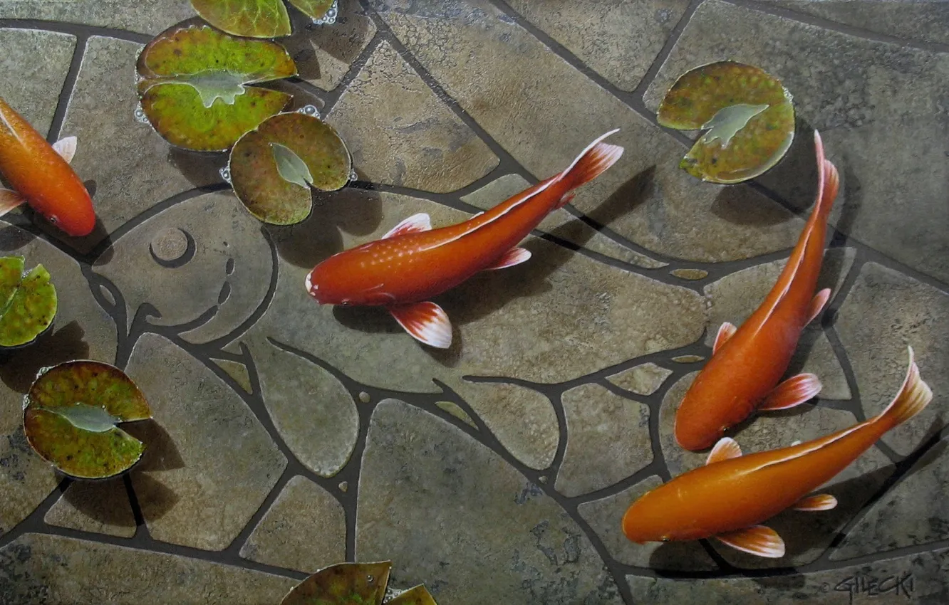 Photo wallpaper leaves, fish, mosaic, pond, picture, art, Lily, carp
