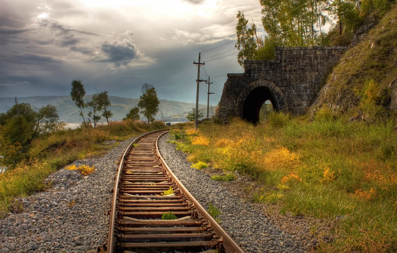 Photo wallpaper the sky, landscape, railroad