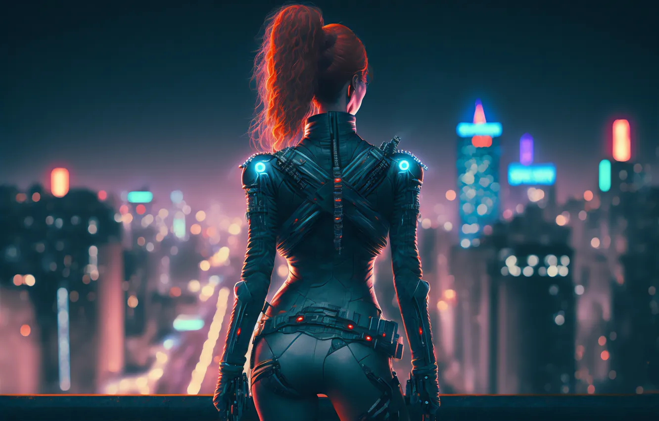 Photo wallpaper girl, night, the city, lights, figure, art, costume, redhead