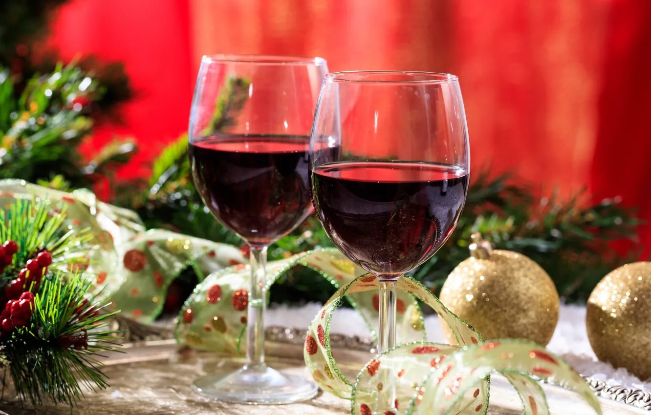 Photo wallpaper berries, holiday, wine, balls, new year, spruce, glasses, tape