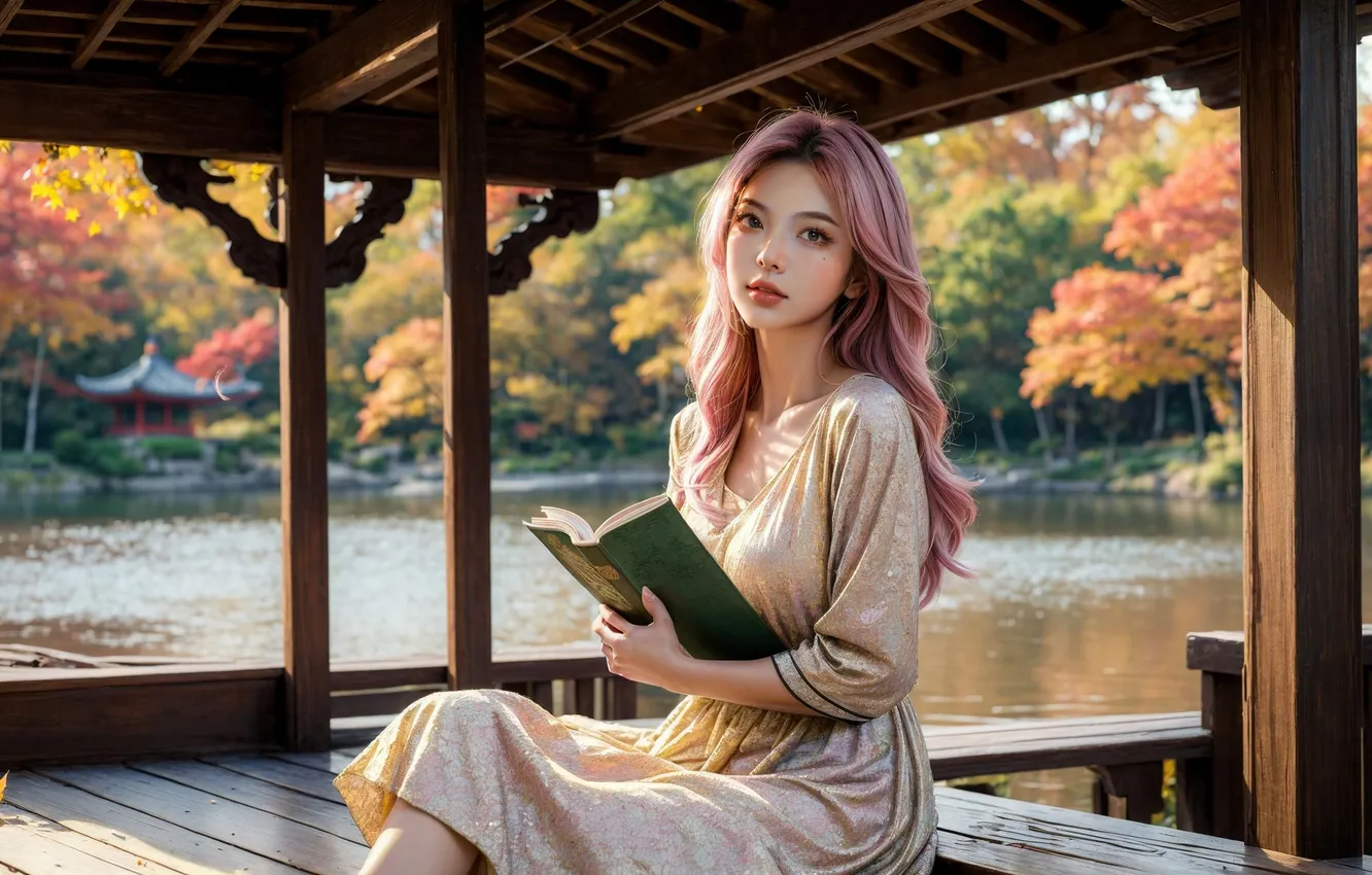 Photo wallpaper autumn, girl, Park, book, Asian