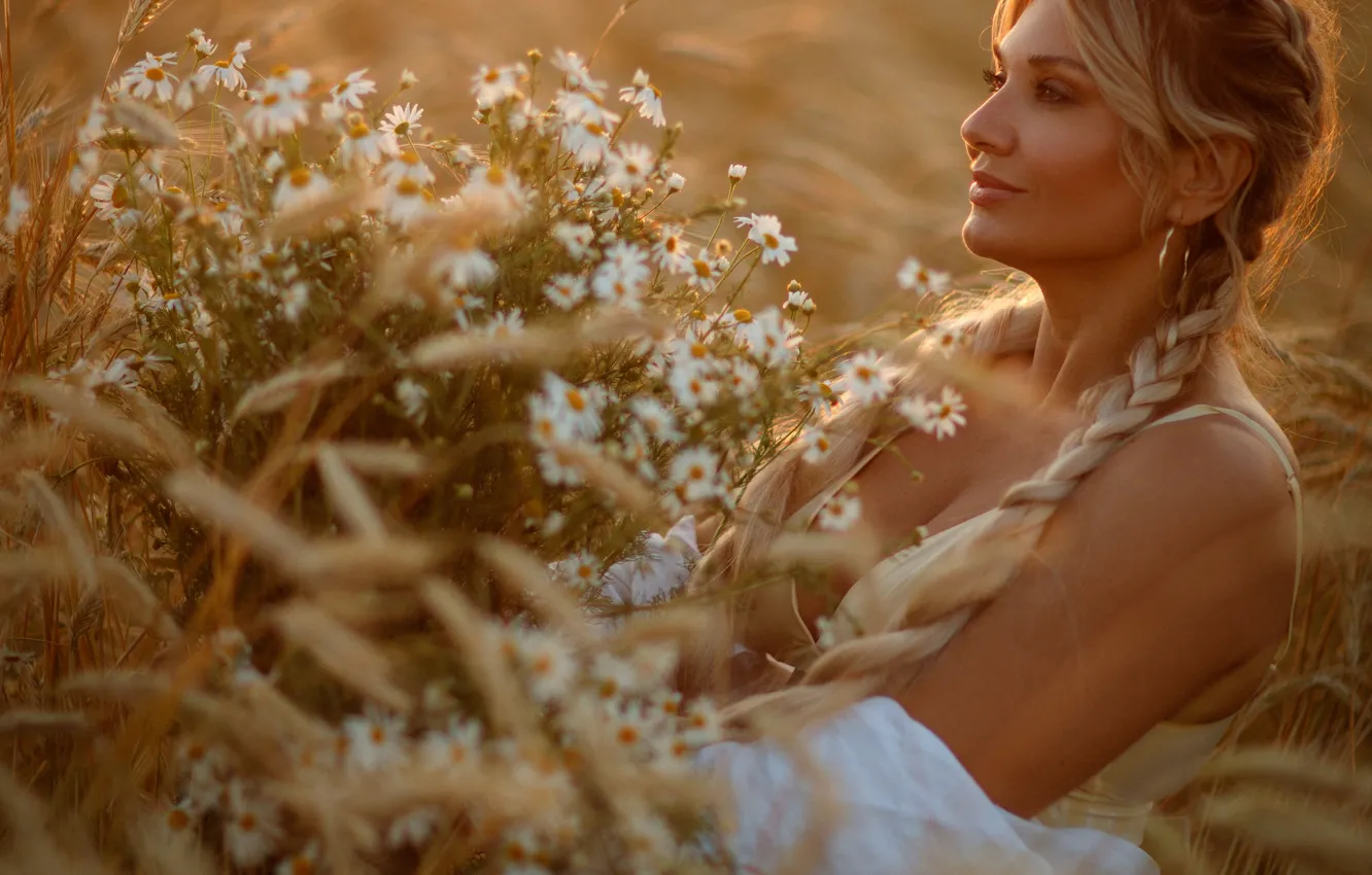 Photo wallpaper flowers, chamomile, girl