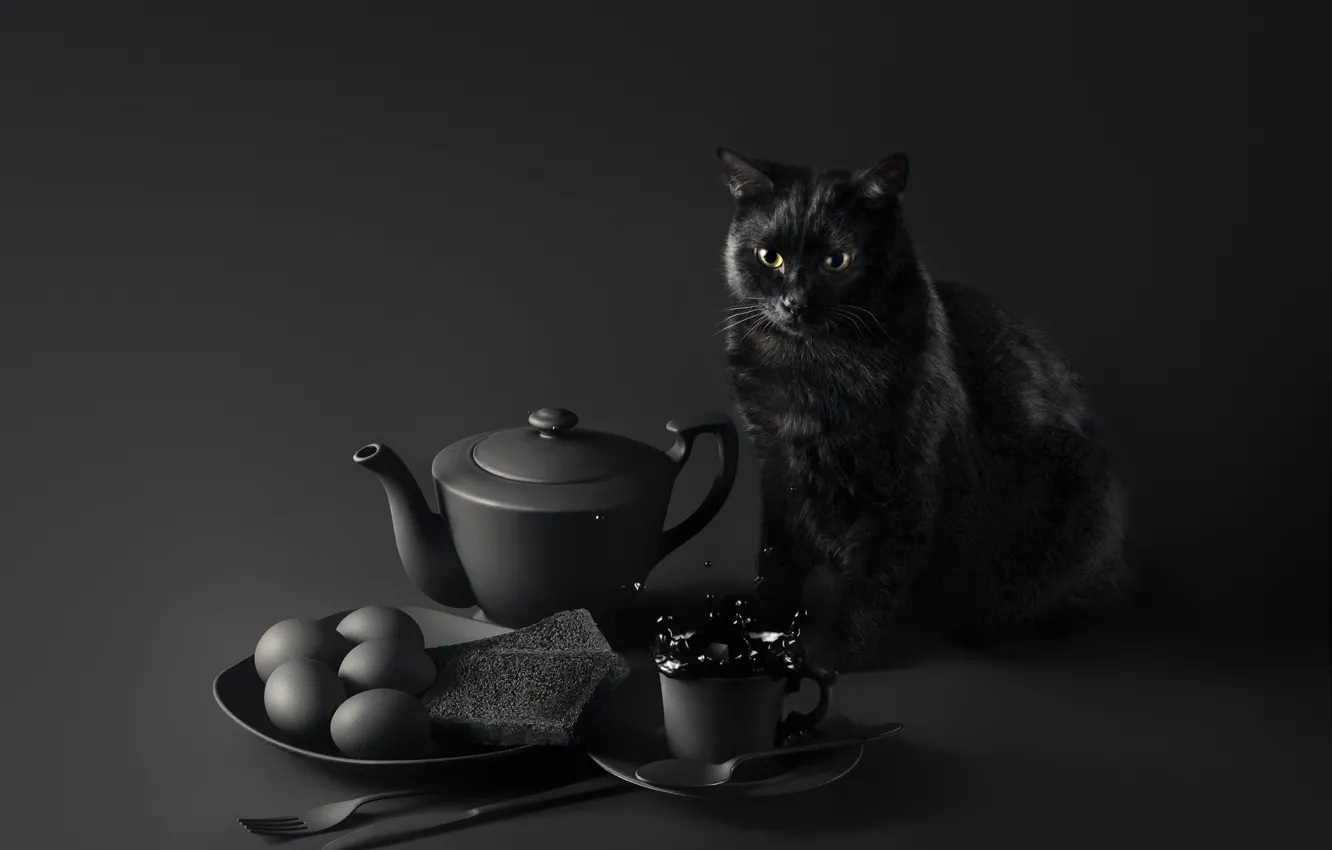 Photo wallpaper cat, eyes, mustache, look, table, background, Breakfast, muzzle