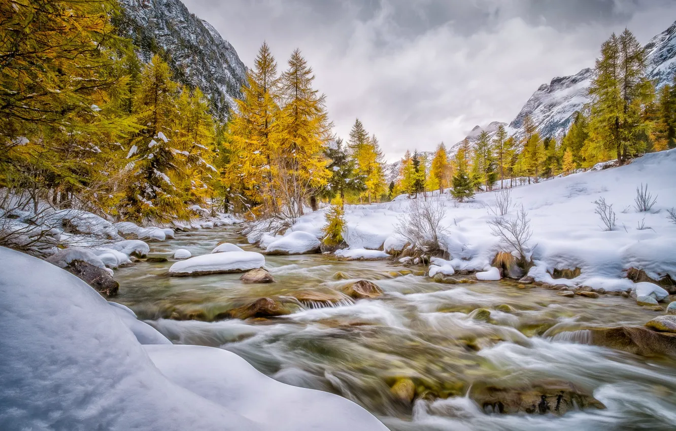 Photo wallpaper autumn, snow, trees, mountains, river, stream