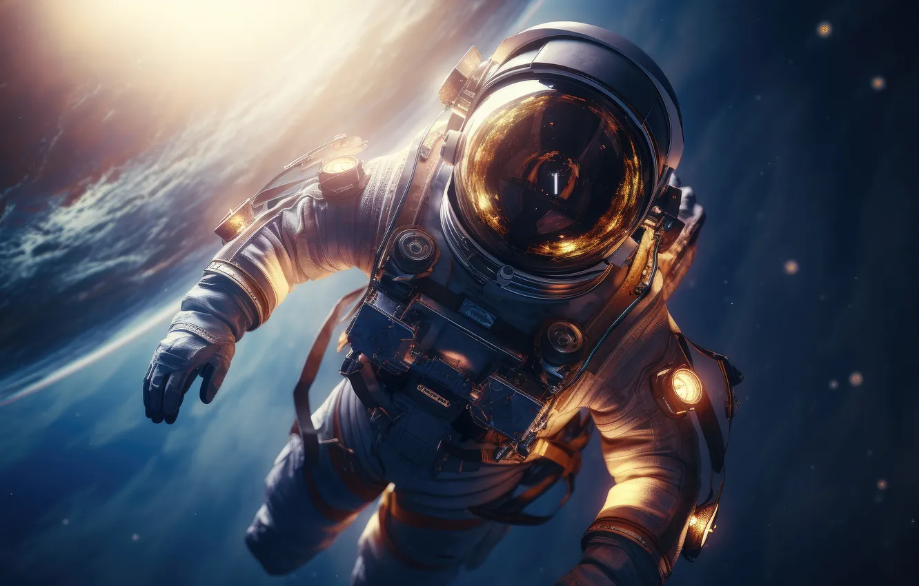 Photo wallpaper space, flight, lights, fiction, earth, people, planet, astronaut