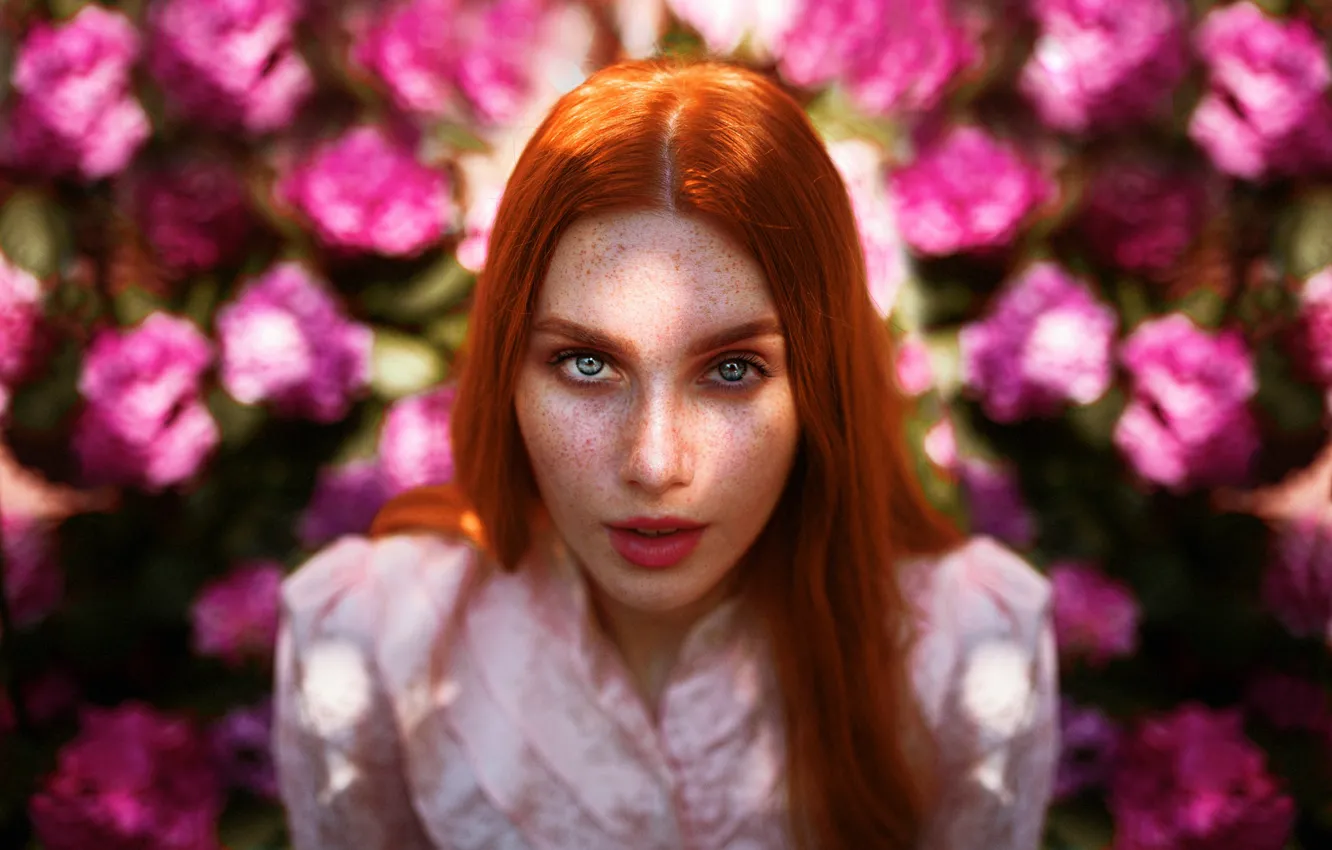 Photo wallpaper look, girl, face, hair, portrait, freckles, red, redhead