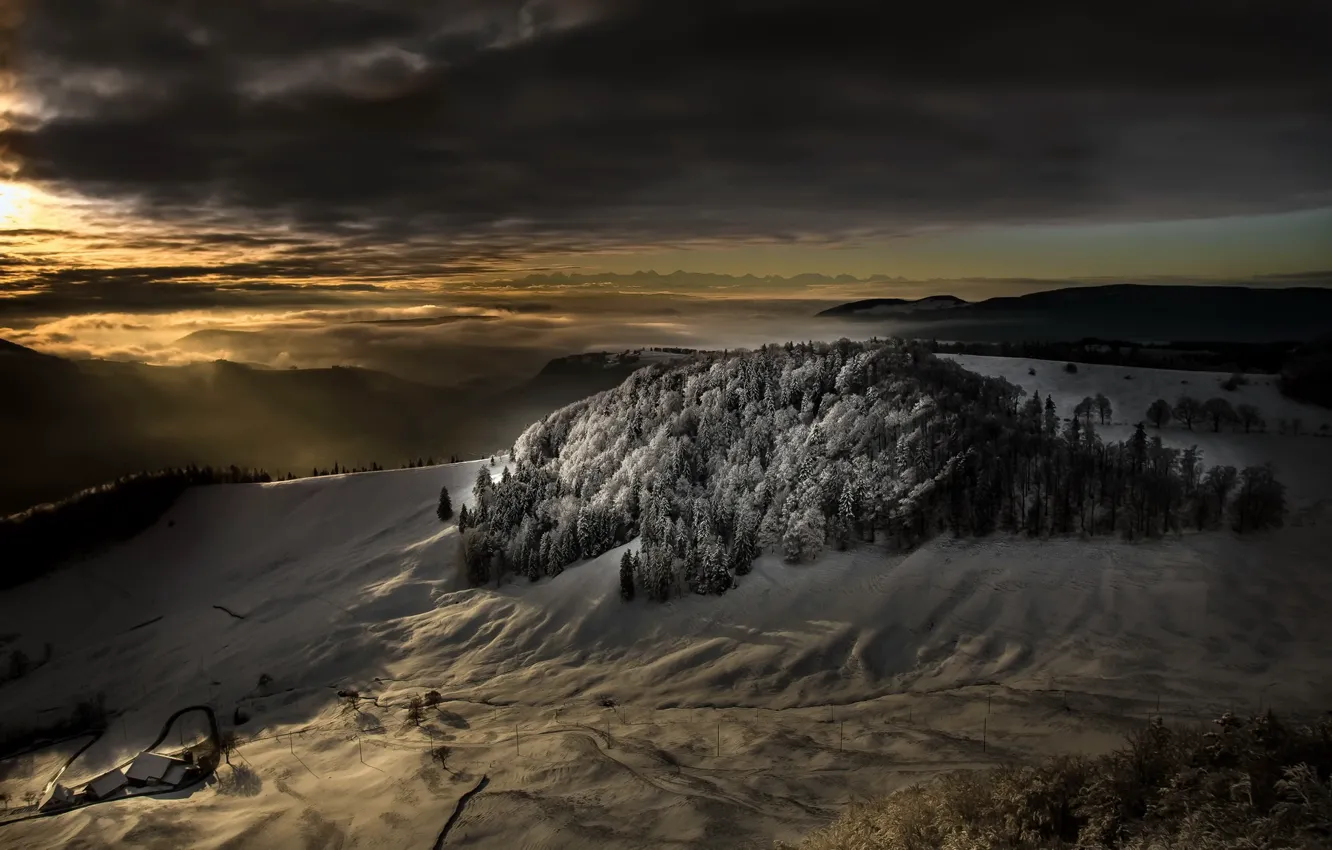 Photo wallpaper winter, light, mountains, night, nature