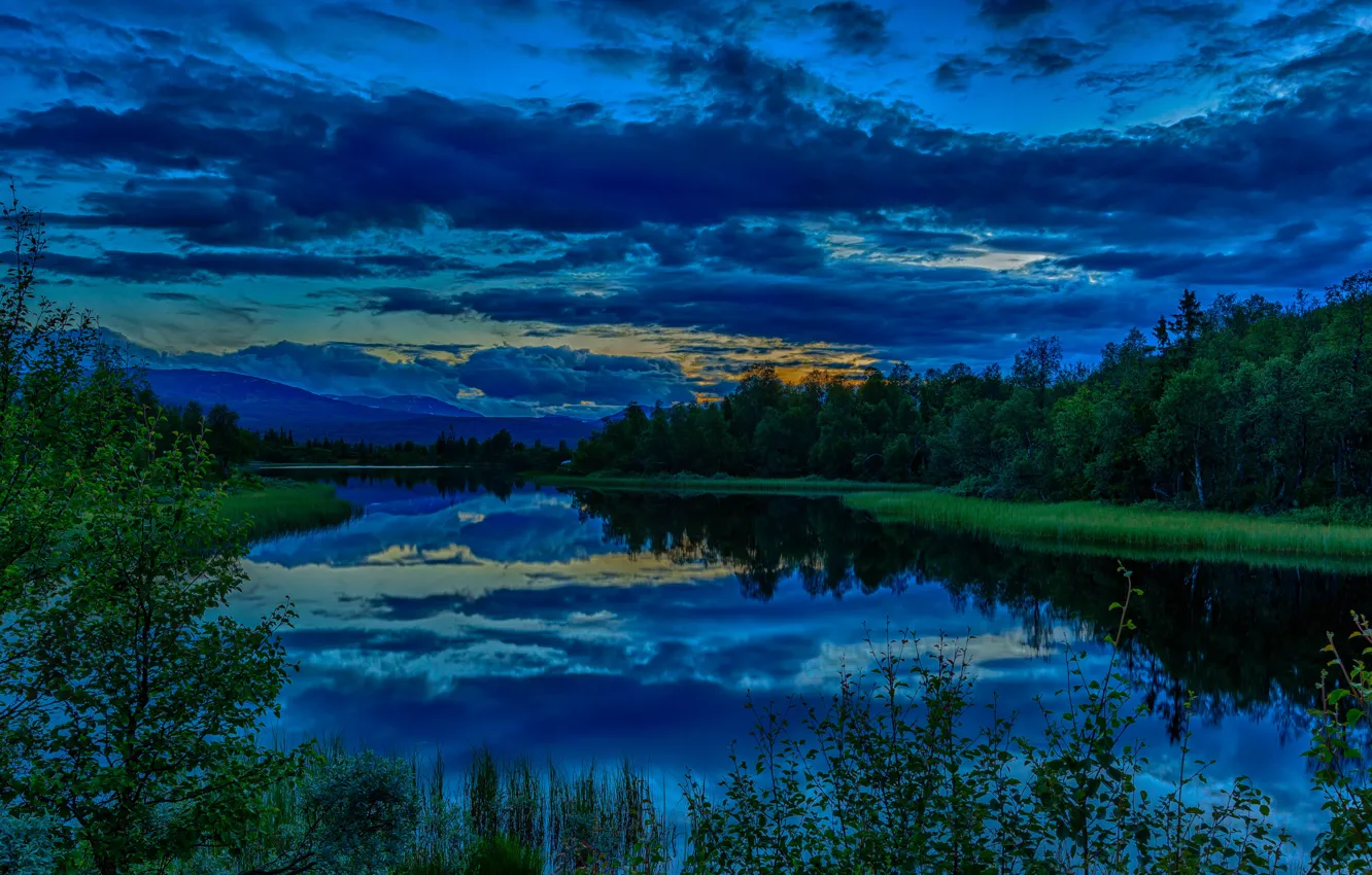 Photo wallpaper the sky, clouds, trees, reflection, river, hills, HDR