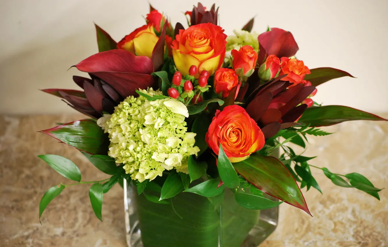 Photo wallpaper roses, bouquet, hydrangea, roses, Calla lilies, hydrangea