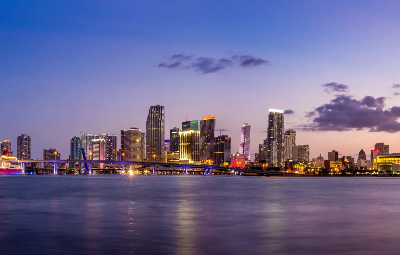 Photo wallpaper the sky, clouds, sunset, bridge, lights, coast, ship, Miami