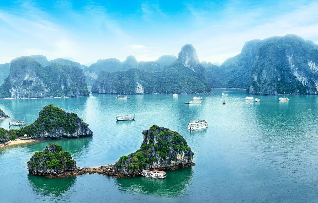 Photo wallpaper sea, mountains, rocks, boat, Bay, Vietnam, Halong, Halong Bay