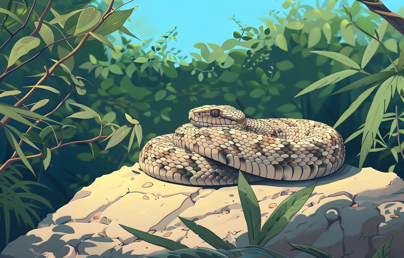 Photo wallpaper grass, stones, animal, snake, art, reptile, digital art, imitation painting