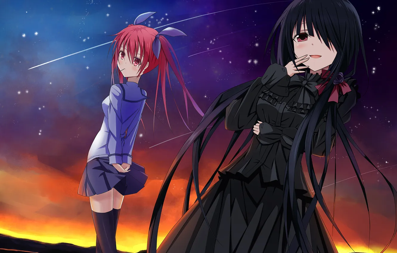 Photo wallpaper look, sunset, mountains, girls, laughter, anime, starry sky, bows